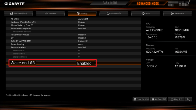 BIOS Wake On LAN 설정